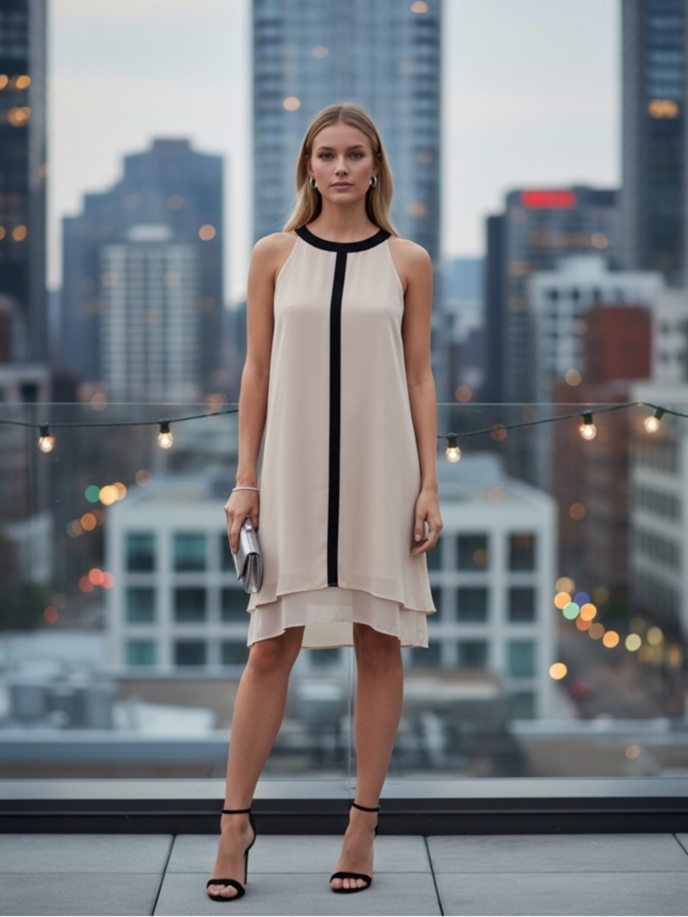 Monteau Los Angeles Chic Cream w/Black Trim Mini Minimalist Party Dress size M